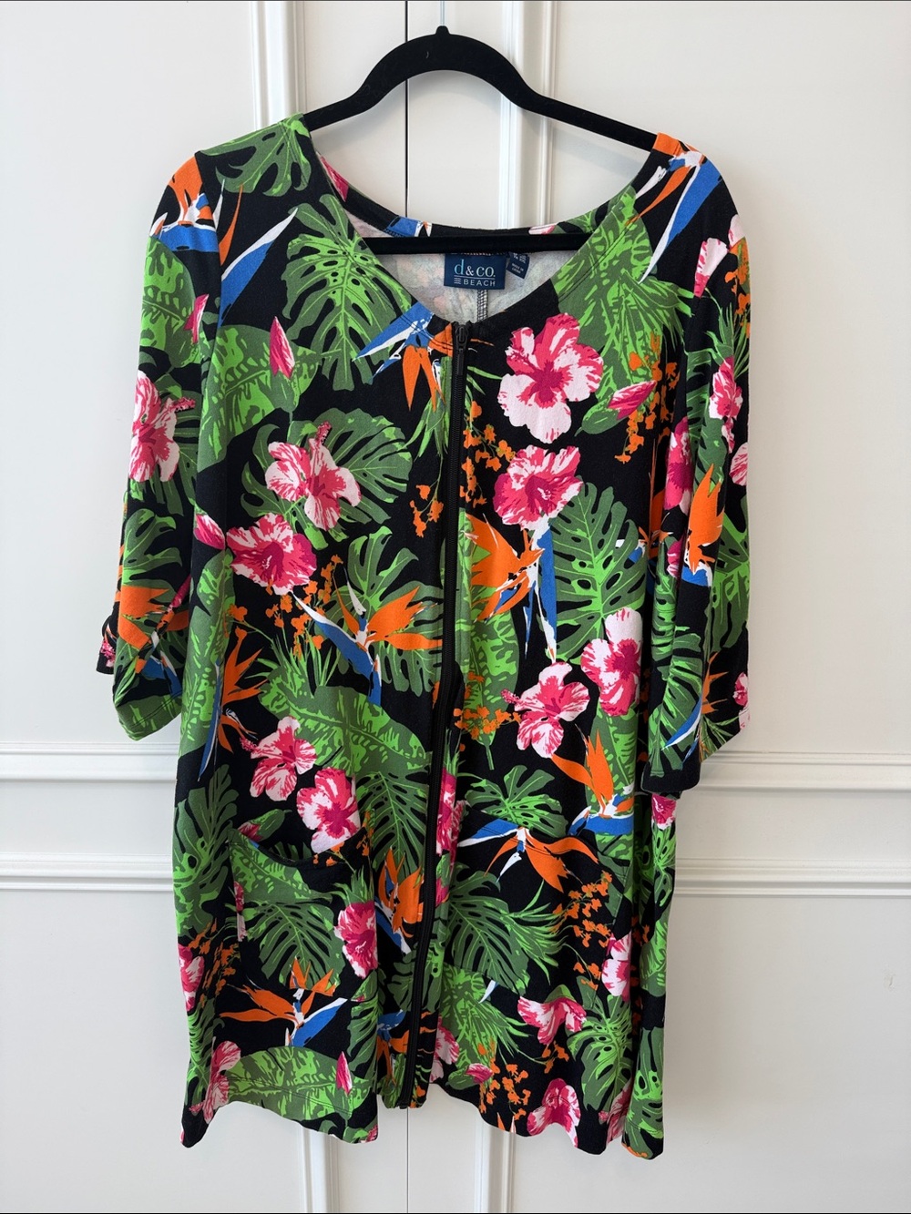 D & CO Black Tropical Floral Zip-Front Women's Swim Cover-Up